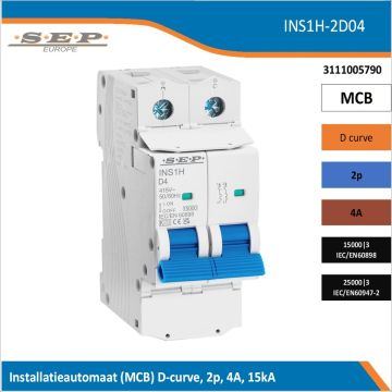 SEP Europe INS1H-2D04 installatieautomaat, MCB D-curve, 2p, 4A, kortsluitvastheid 15kA/25kA