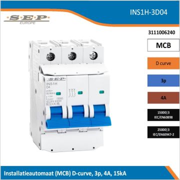 SEP Europe INS1H-3D04 installatieautomaat, MCB D-curve, 3p, 4A, kortsluitvastheid 15kA/25kA