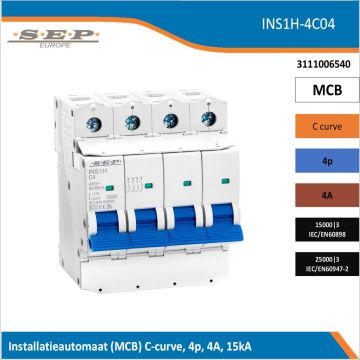 SEP Europe INS1H-4C04 installatieautomaat, MCB C-curve, 4p, 4A, kortsluitvastheid 15kA/25kA