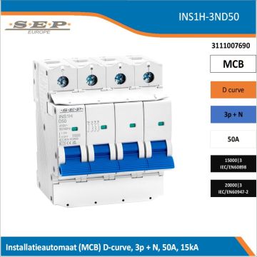 SEP Europe INS1H-3ND50 installatieautomaat, MCB D-curve, 3p+N, 50A, kortsluitvastheid 15kA/20kA