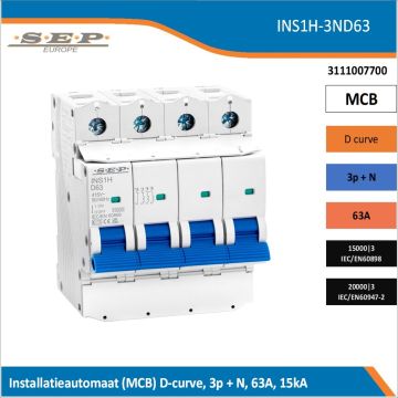 SEP Europe INS1H-3ND63 installatieautomaat, MCB D-curve, 3p+N, 63A, kortsluitvastheid 15kA/20kA
