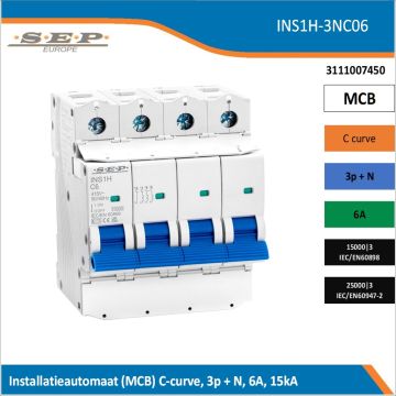 SEP Europe INS1H-3NC06 installatieautomaat, MCB C-curve, 3p+N, 6A, kortsluitvastheid 15kA/25kA
