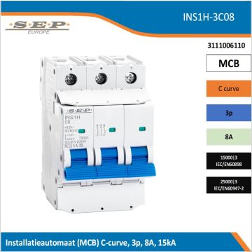 SEP Europe INS1H-3C08 installatieautomaat, MCB C-curve, 3p, 8A, kortsluitvastheid 15kA/25kA