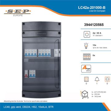 SEP Live-On Compact, LC42a-201000-B, 40A, 1-fase groepenkast, 10-lichtgroepen, 1-beltrafo, technische details