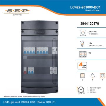 SEP Live-On Compact, LC42a-201000-BC1, 40A, 1-fase groepenkast, 10-lichtgroepen, 1-beltrafo,  1V-contactdoos, technische details