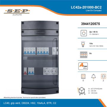 SEP Live-On Compact, LC42a-201000-BC2, 40A, 1-fase groepenkast, 10-lichtgroepen, 1-beltrafo,  2V-contactdoos, technische details