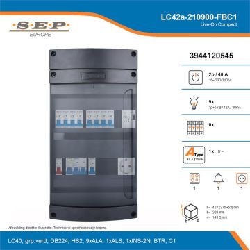 SEP Live-On Compact, LC42a-210900-FBC1, 40A, 1-fase groepenkast, 9-lichtgroepen, 1-fornuisgroep, 1-beltrafo,  1V-contactdoos, technische details