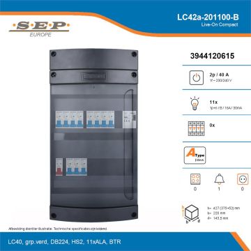 SEP Live-On Compact, LC42a-201100-B, 40A, 1-fase groepenkast, 11-lichtgroepen, 1-beltrafo, technische details