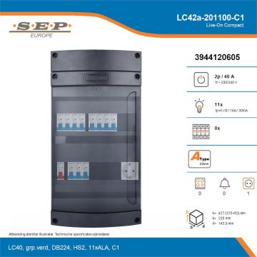 SEP Live-On Compact, LC42a-201100-C1, 40A, 1-fase groepenkast, 11-lichtgroepen,  1V-contactdoos, technische details