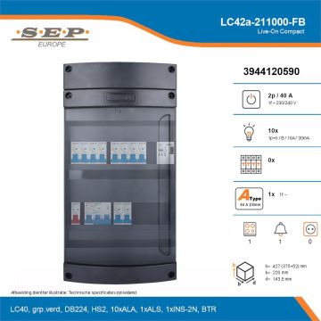 SEP Live-On Compact, LC42a-211000-FB, 40A, 1-fase groepenkast, 10-lichtgroepen, 1-fornuisgroep, 1-beltrafo, technische details