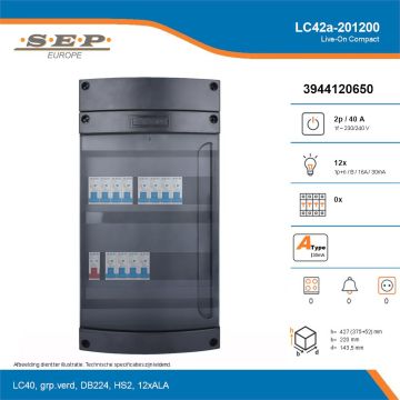 SEP Live-On Compact, LC42a-201200, 40A, 1-fase groepenkast, 12-lichtgroepen, technische details