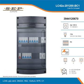 SEP Live-On Compact, LC42a-201200-BC1, 40A, 1-fase groepenkast, 12-lichtgroepen, 1-beltrafo,  1V-contactdoos, technische details