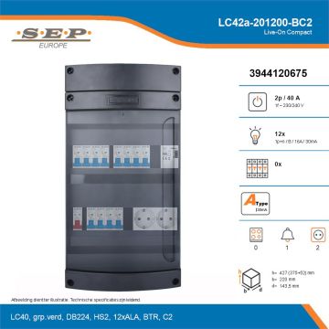 SEP Live-On Compact, LC42a-201200-BC2, 40A, 1-fase groepenkast, 12-lichtgroepen, 1-beltrafo,  2V-contactdoos, technische details