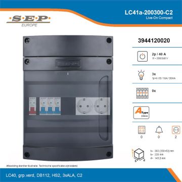SEP Live-On Compact, LC41a-200300-C2, 40A, 1-fase groepenkast, 3-lichtgroepen,  2V-contactdoos, technische details