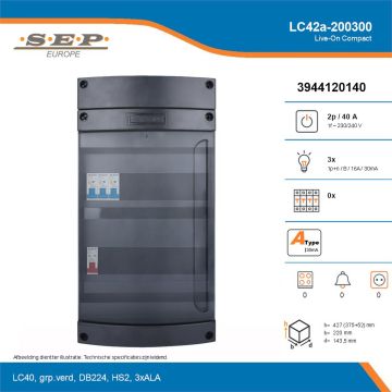 SEP Live-On Compact, LC42a-200300, 40A, 1-fase groepenkast, 3-lichtgroepen, technische details