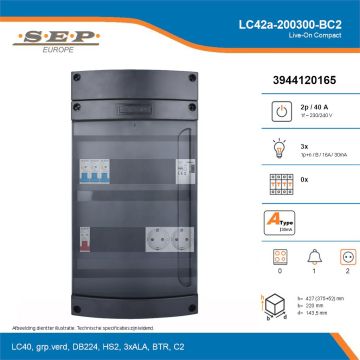 SEP Live-On Compact, LC42a-200300-BC2, 40A, 1-fase groepenkast, 3-lichtgroepen, 1-beltrafo,  2V-contactdoos, technische details