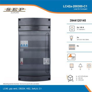 SEP Live-On Compact, LC42a-200300-C1, 40A, 1-fase groepenkast, 3-lichtgroepen,  1V-contactdoos, technische details