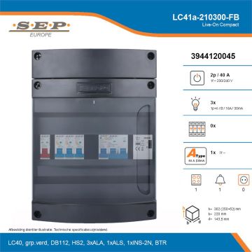SEP Live-On Compact, LC41a-210300-FB, 40A, 1-fase groepenkast, 3-lichtgroepen, 1-fornuisgroep, 1-beltrafo, technische details