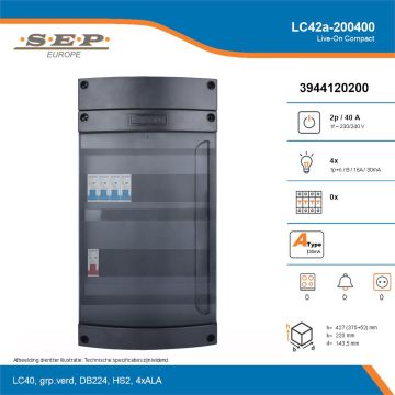SEP Live-On Compact, LC42a-200400, 40A, 1-fase groepenkast, 4-lichtgroepen, technische details