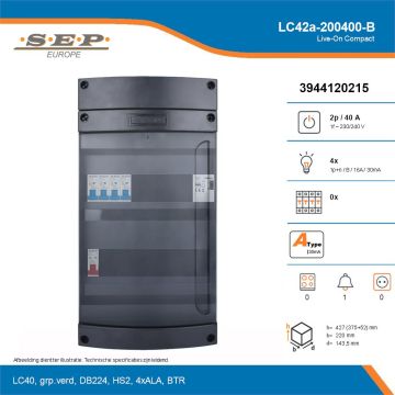 SEP Live-On Compact, LC42a-200400-B, 40A, 1-fase groepenkast, 4-lichtgroepen, 1-beltrafo, technische details
