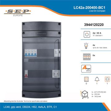 SEP Live-On Compact, LC42a-200400-BC1, 40A, 1-fase groepenkast, 4-lichtgroepen, 1-beltrafo,  1V-contactdoos, technische details