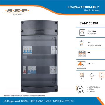 SEP Live-On Compact, LC42a-210300-FBC1, 40A, 1-fase groepenkast, 3-lichtgroepen, 1-fornuisgroep, 1-beltrafo,  1V-contactdoos, technische details