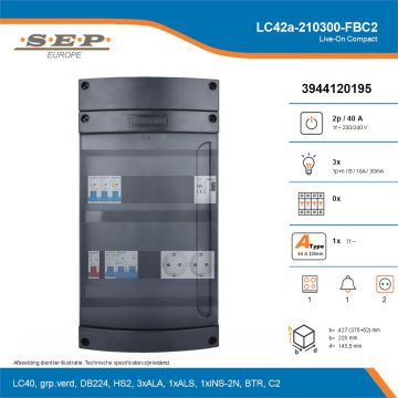 SEP Live-On Compact, LC42a-210300-FBC2, 40A, 1-fase groepenkast, 3-lichtgroepen, 1-fornuisgroep, 1-beltrafo,  2V-contactdoos, technische details