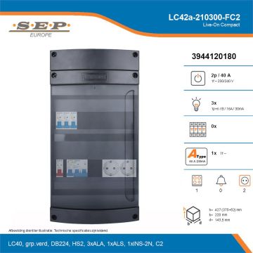 SEP Live-On Compact, LC42a-210300-FC2, 40A, 1-fase groepenkast, 3-lichtgroepen, 1-fornuisgroep,  2V-contactdoos, technische details