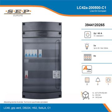SEP Live-On Compact, LC42a-200500-C1, 40A, 1-fase groepenkast, 5-lichtgroepen,  1V-contactdoos, technische details