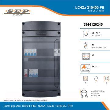 SEP Live-On Compact, LC42a-210400-FB, 40A, 1-fase groepenkast, 4-lichtgroepen, 1-fornuisgroep, 1-beltrafo, technische details