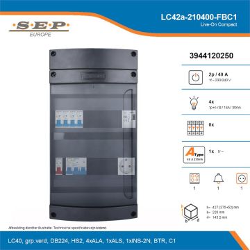 SEP Live-On Compact, LC42a-210400-FBC1, 40A, 1-fase groepenkast, 4-lichtgroepen, 1-fornuisgroep, 1-beltrafo,  1V-contactdoos, technische details