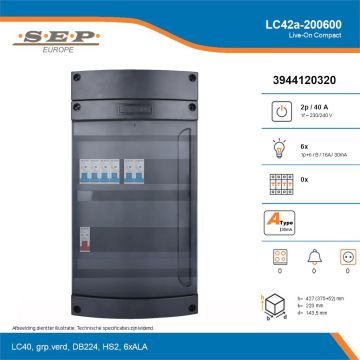 SEP Live-On Compact, LC42a-200600, 40A, 1-fase groepenkast, 6-lichtgroepen, technische details