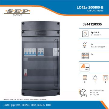 SEP Live-On Compact, LC42a-200600-B, 40A, 1-fase groepenkast, 6-lichtgroepen, 1-beltrafo, technische details