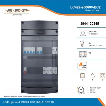 SEP Live-On Compact, LC42a-200600-BC2, 40A, 1-fase groepenkast, 6-lichtgroepen, 1-beltrafo,  2V-contactdoos, technische details