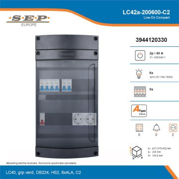 SEP Live-On Compact, LC42a-200600-C2, 40A, 1-fase groepenkast, 6-lichtgroepen,  2V-contactdoos, technische details