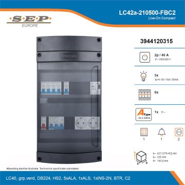 SEP Live-On Compact, LC42a-210500-FBC2, 40A, 1-fase groepenkast, 5-lichtgroepen, 1-fornuisgroep, 1-beltrafo,  2V-contactdoos, technische details