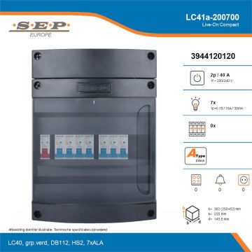 SEP Live-On Compact, LC41a-200700, 40A, 1-fase groepenkast, 7-lichtgroepen, technische details