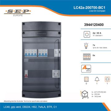 SEP Live-On Compact, LC42a-200700-BC1, 40A, 1-fase groepenkast, 7-lichtgroepen, 1-beltrafo,  1V-contactdoos, technische details