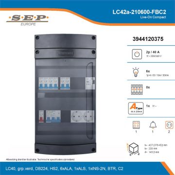 SEP Live-On Compact, LC42a-210600-FBC2, 40A, 1-fase groepenkast, 6-lichtgroepen, 1-fornuisgroep, 1-beltrafo,  2V-contactdoos, technische details