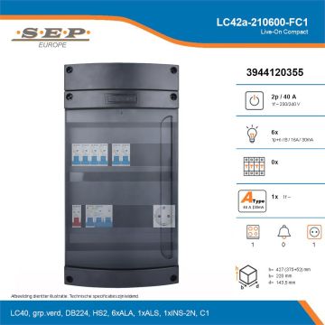 SEP Live-On Compact, LC42a-210600-FC1, 40A, 1-fase groepenkast, 6-lichtgroepen, 1-fornuisgroep,  1V-contactdoos, technische details