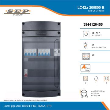 SEP Live-On Compact, LC42a-200800-B, 40A, 1-fase groepenkast, 8-lichtgroepen, 1-beltrafo, technische details