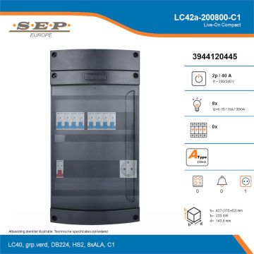 SEP Live-On Compact, LC42a-200800-C1, 40A, 1-fase groepenkast, 8-lichtgroepen,  1V-contactdoos, technische details