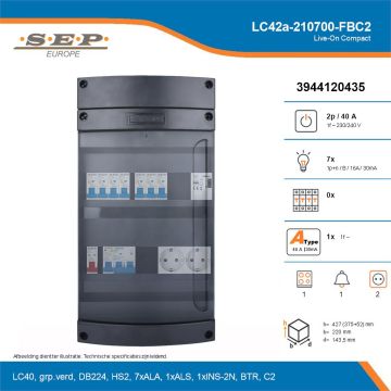 SEP Live-On Compact, LC42a-210700-FBC2, 40A, 1-fase groepenkast, 7-lichtgroepen, 1-fornuisgroep, 1-beltrafo,  2V-contactdoos, technische details