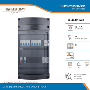 SEP Live-On Compact, LC42a-200900-BC1, 40A, 1-fase groepenkast, 9-lichtgroepen, 1-beltrafo,  1V-contactdoos, technische details