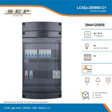 SEP Live-On Compact, LC42a-200900-C1, 40A, 1-fase groepenkast, 9-lichtgroepen,  1V-contactdoos, technische details