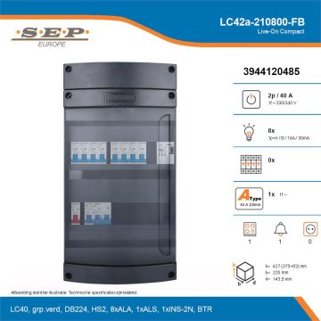 SEP Live-On Compact, LC42a-210800-FB, 40A, 1-fase groepenkast, 8-lichtgroepen, 1-fornuisgroep, 1-beltrafo, technische details