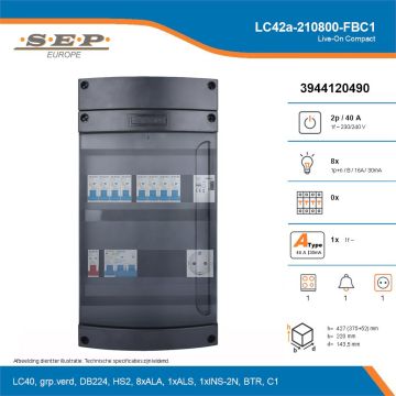 SEP Live-On Compact, LC42a-210800-FBC1, 40A, 1-fase groepenkast, 8-lichtgroepen, 1-fornuisgroep, 1-beltrafo,  1V-contactdoos, technische details