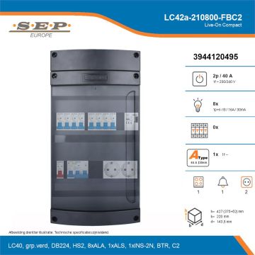 SEP Live-On Compact, LC42a-210800-FBC2, 40A, 1-fase groepenkast, 8-lichtgroepen, 1-fornuisgroep, 1-beltrafo,  2V-contactdoos, technische details