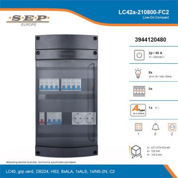 SEP Live-On Compact, LC42a-210800-FC2, 40A, 1-fase groepenkast, 8-lichtgroepen, 1-fornuisgroep,  2V-contactdoos, technische details
