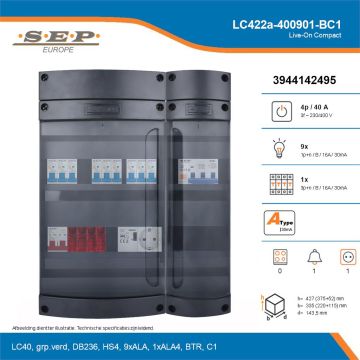 SEP Live-On Compact, LC422a-400901-BC1, 40A, 3-fase groepenkast, 9-lichtgroepen, 1-krachtgroepen, 1-beltrafo,  1V-contactdoos, technische details